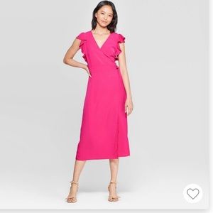 Reddish Pink Flutter sleeve crepe dress